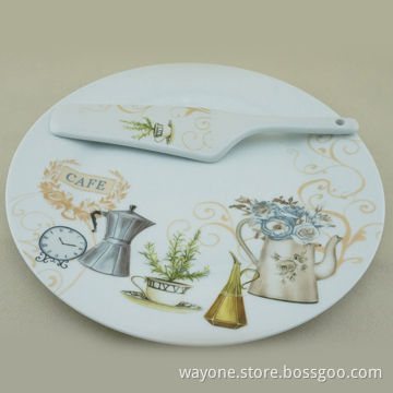 2pcs Cake Set with Cafe Design, Cake Plate and Shovel, Made of Porcelain
